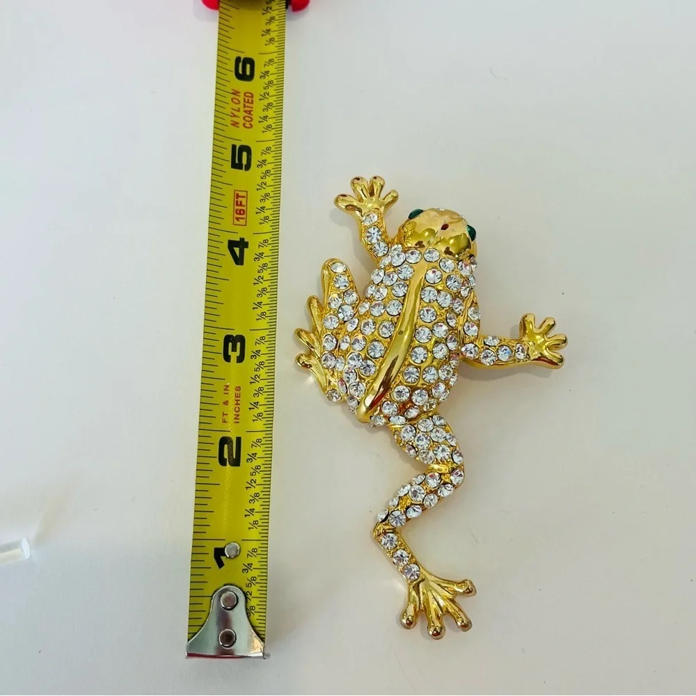 Gold and Crystal Leaping Frog With Emerald Green Eyes Brooch